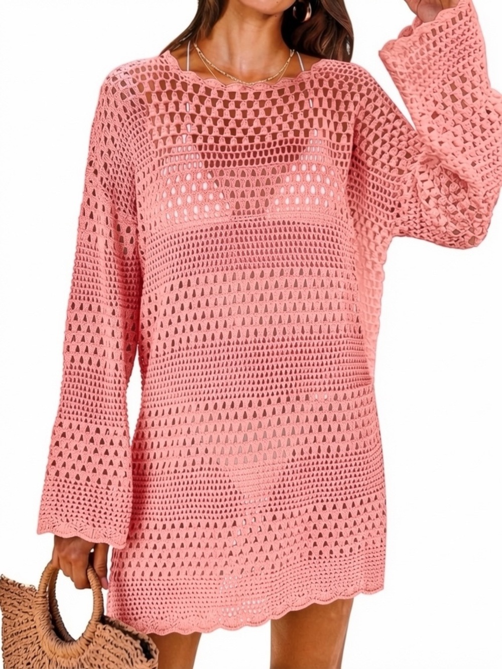 Women’s Crochet Sweater Tunic - Coral